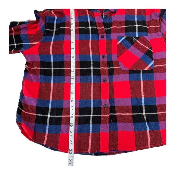 EXPRESS Women SZ M Red Plaid Flannel Cropped Button Down Shirt Long Sleeve - Picture 5 of 11
